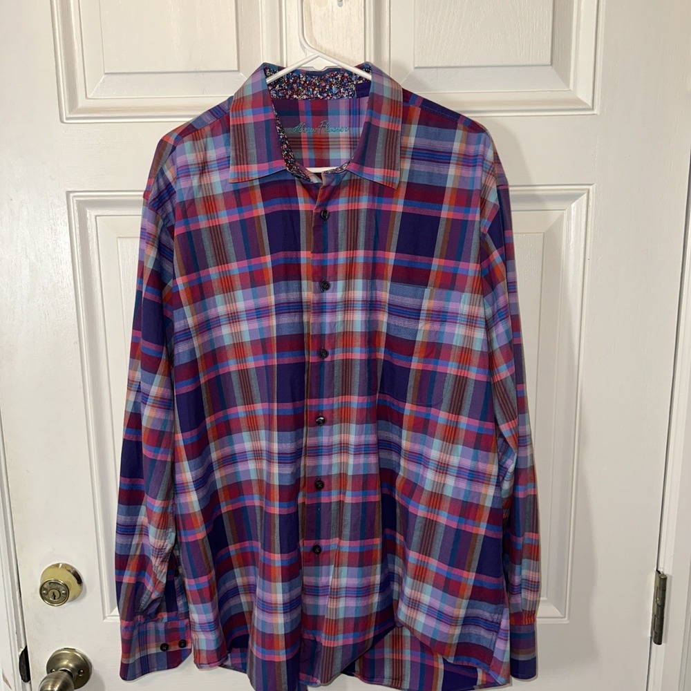 Alan Flusser Mens XL Plaid Cotton Shirt Long Sleeve Floral Contrast Cuffs Purple